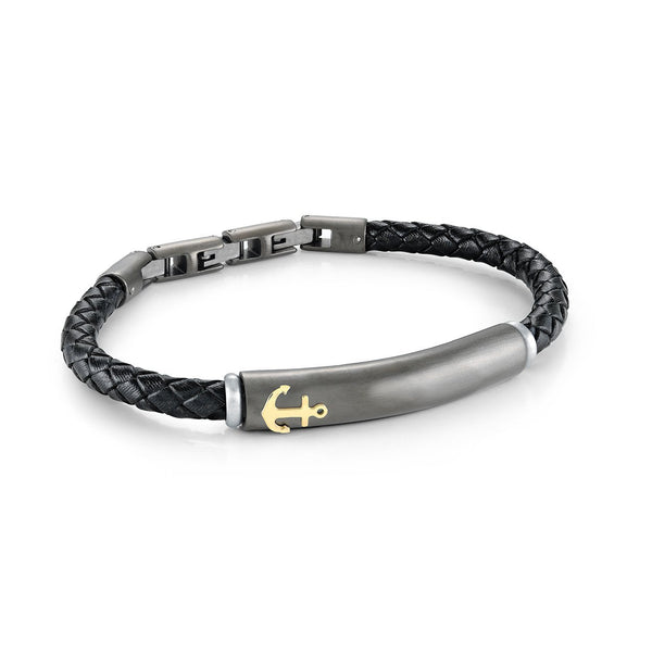 Italgem Steel Anchor Leather Bracelet